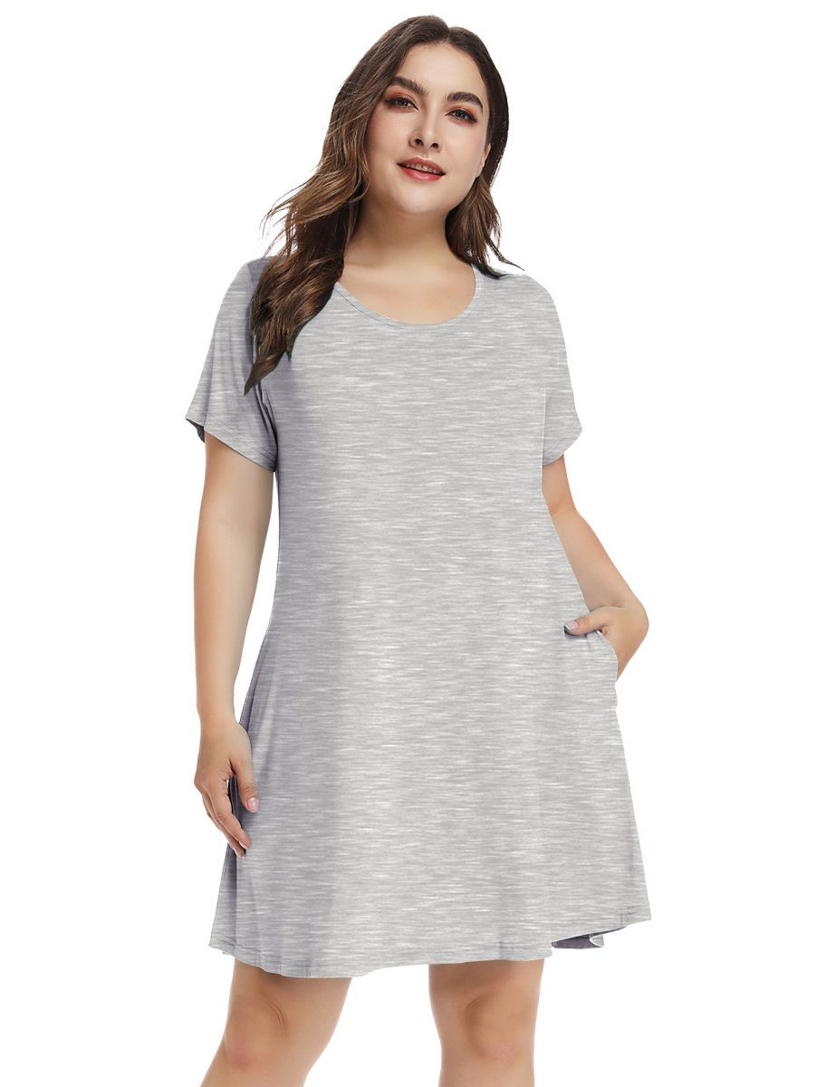 OVERWORETY Short Sleeve Women's Plus Size T-Shirt Dress V Neck Swing A-Line  Casual Dresses with Pockets(Beige,1X) at  Women's Clothing store
