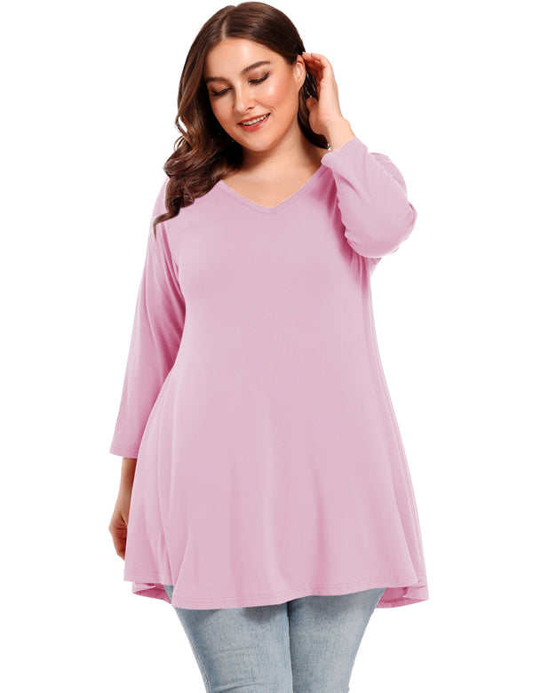 V Neck Loose Fit Flowy Long Sleeve Tunics Tops Plus Size for Women - LARACE  8056 - Pink / 1X