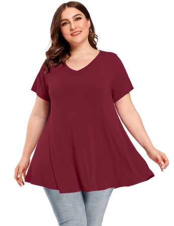 Women V Neck Loose Fit Flowy Short Sleeve Plus Size Casual Tops - LARA