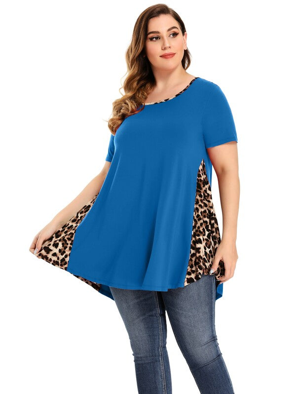 LARACE Color Block Leopard Print Tops for Women Plus Size Short Sleeve-8062  - Steel Blue / 1X
