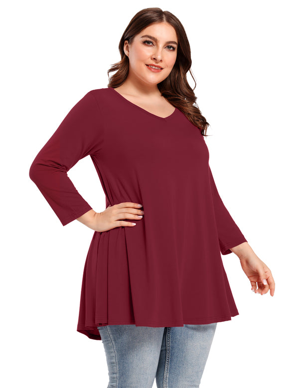 V Neck Loose Fit Flowy Long Sleeve Tunics Tops Plus Size for Women - L