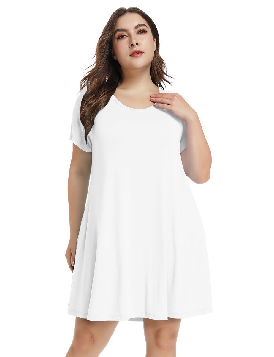 OVERWORETY Short Sleeve Women's Plus Size T-Shirt Dress V Neck Swing A-Line  Casual Dresses with Pockets(Beige,1X) at  Women's Clothing store