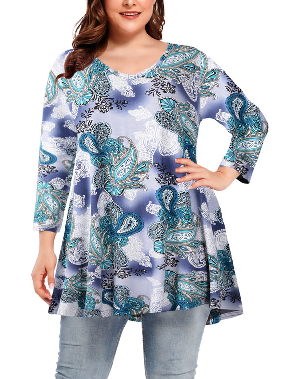V Neck Loose Fit Flowy Long Sleeve Tunics Tops Plus Size for Women - LARACE  8056 - A-Green03 / 1X
