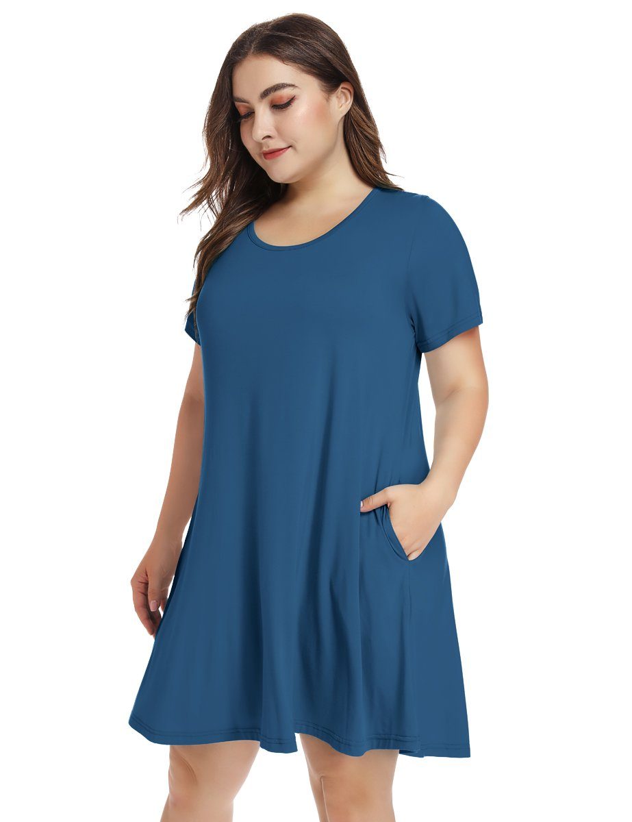 Women's Short Sleeve Swing Tunic Casual Pockets Loose T Shirt Dress-LA