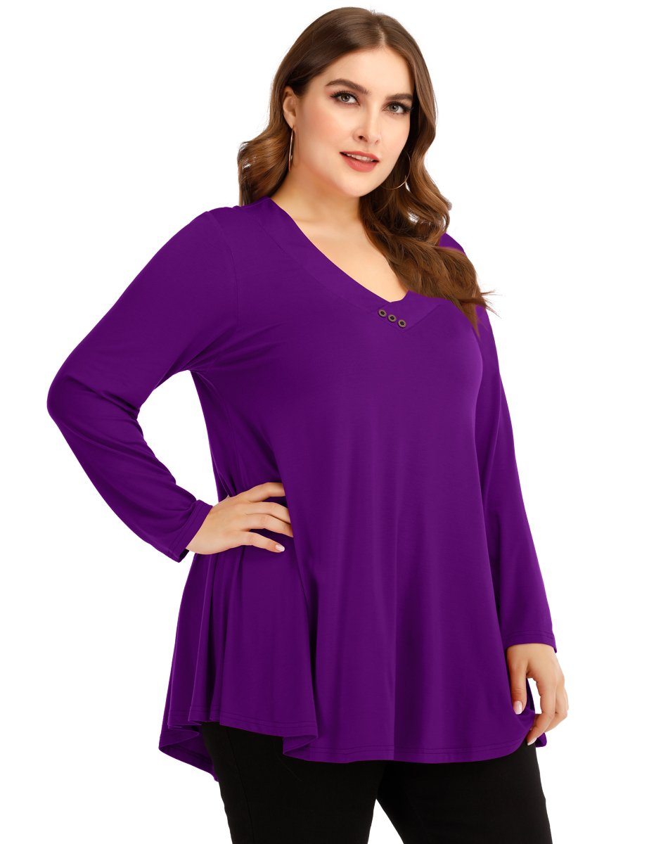 Elegant Solid Round Neck Top 3/4 Sleeve Lilac Purple Plus Size Blouses  (Women's)