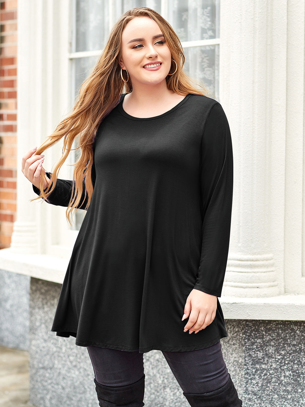 LARACE Plus Size Tunic Tops for Women Long Sleeve Swing Shirt Loose Fit  Flowy Clothing for Leggings 8053 - Black / 1XL