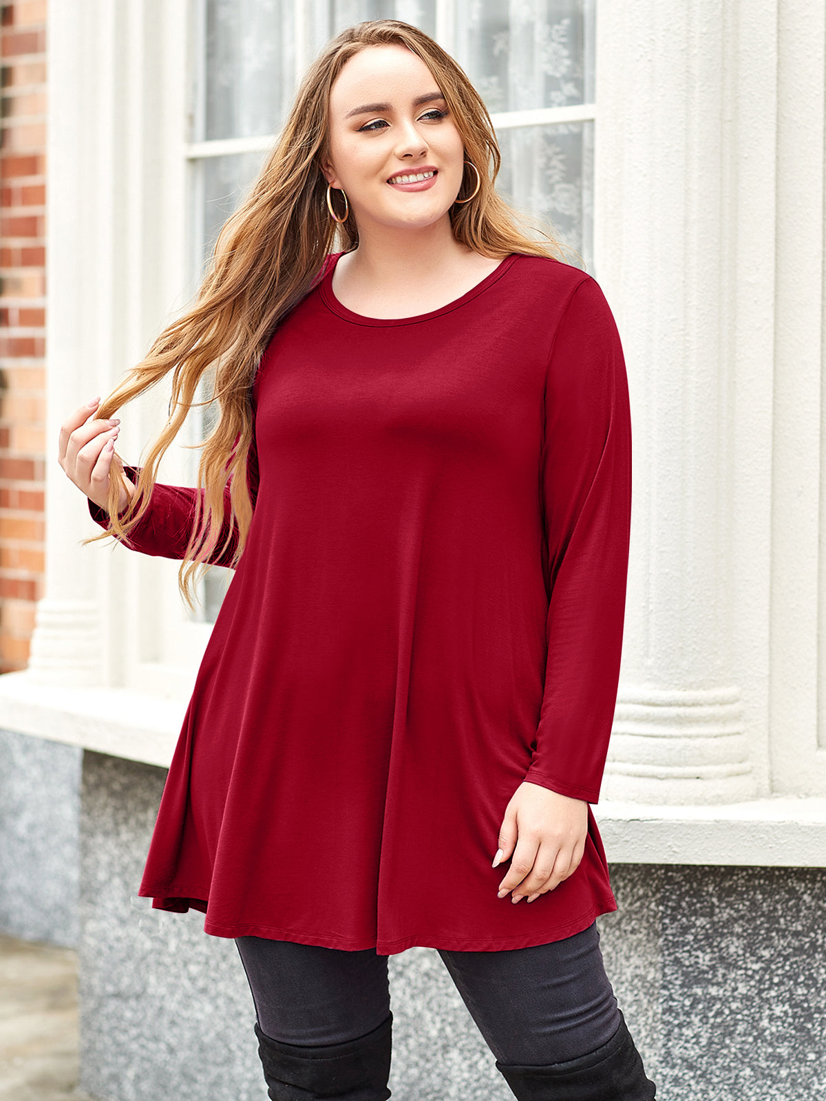 LARACE Plus Size Tunic Tops for Women Long Sleeve Swing Shirt Loose Fit  Flowy Clothing for Leggings 8053 - Wine Red / 1XL