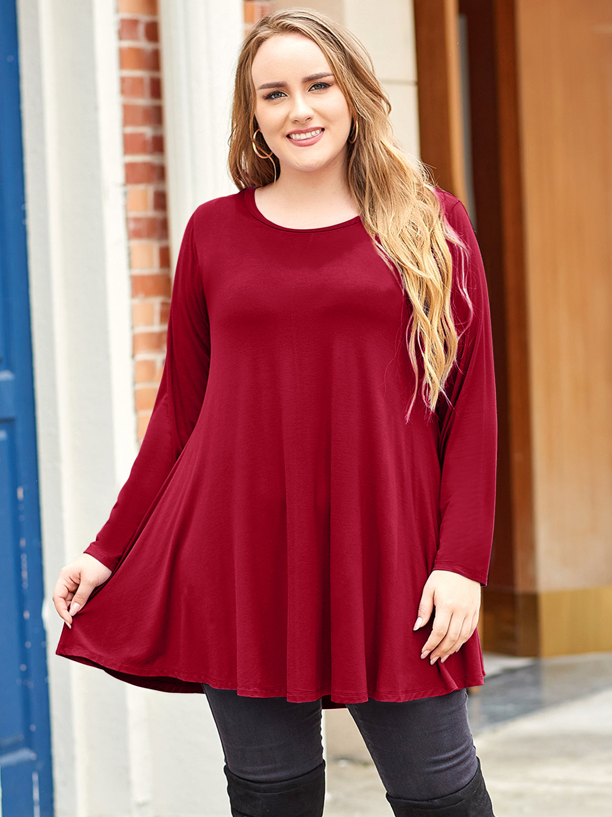 Funfash Plus Size Red Womens Top 3/4 Sleeve Flowy Tunic Dress