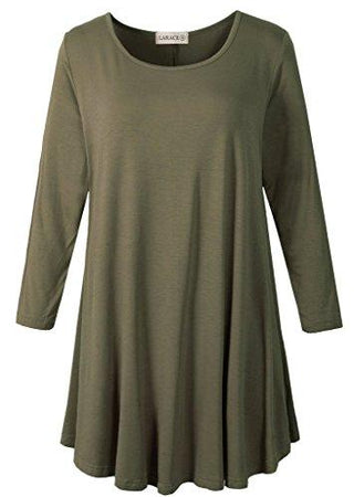 LARACE 3/4 Sleeve Plus Size Tunic Tops Loose Basic Shirt 8028 S-3 XL - deep  green / S