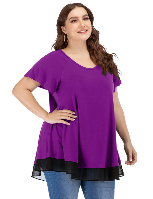 Women Plus Size Lace Pleated Shirt Round Neck Short Sleeve Loose