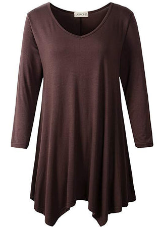 V-Neck Plain Swing Tunic Top Casual Long-sleeved T-shirt-LARACE 8035