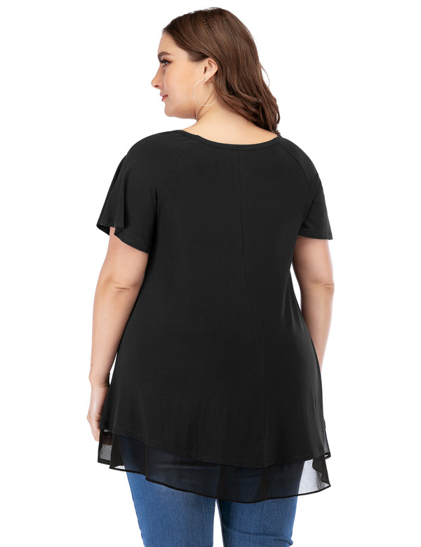 FAFWYP Womens Summer Tops, Plus Size Women Casual Tunic Solid T-shirt  Zipper Rolled Sleeves with Snap Buttons Loose Chiffon Blouse, Gift for Her  