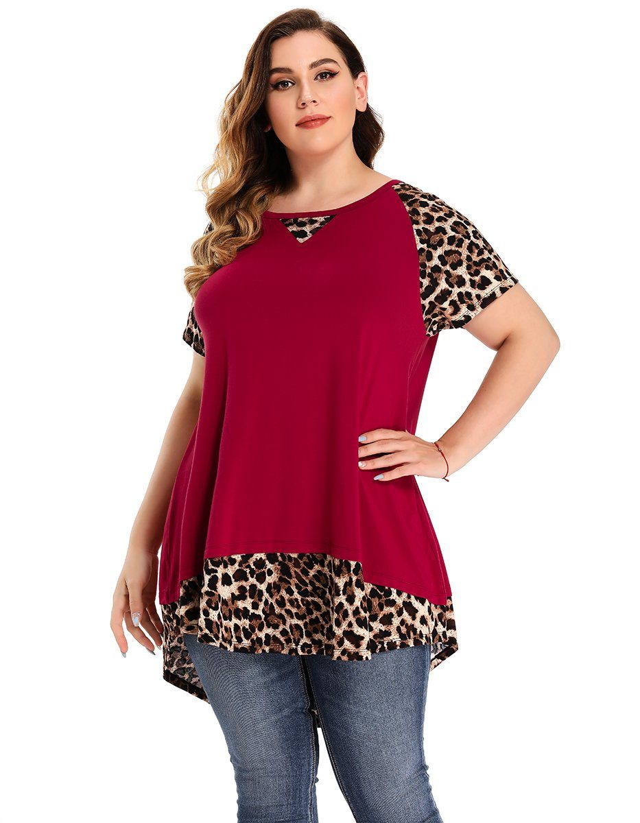 Women Plus Size Graphic Letter and Leopard Print Round Neck Long-sleeve Tee