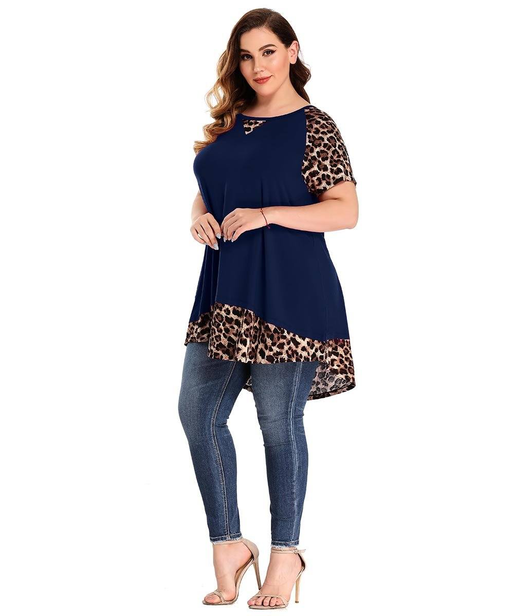 LARACE Plus Size Tunic Leopard Tops for Women Contrast Color Short Sle