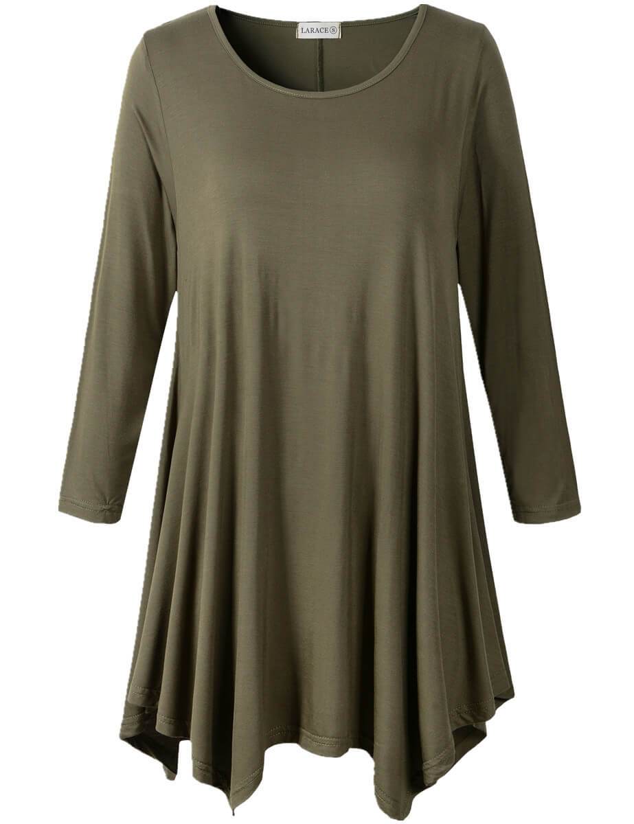 LARACE 3/4 Sleeve Plus Size Tunic Tops Loose Basic Shirt 8028 S-3 XL - army  green / S
