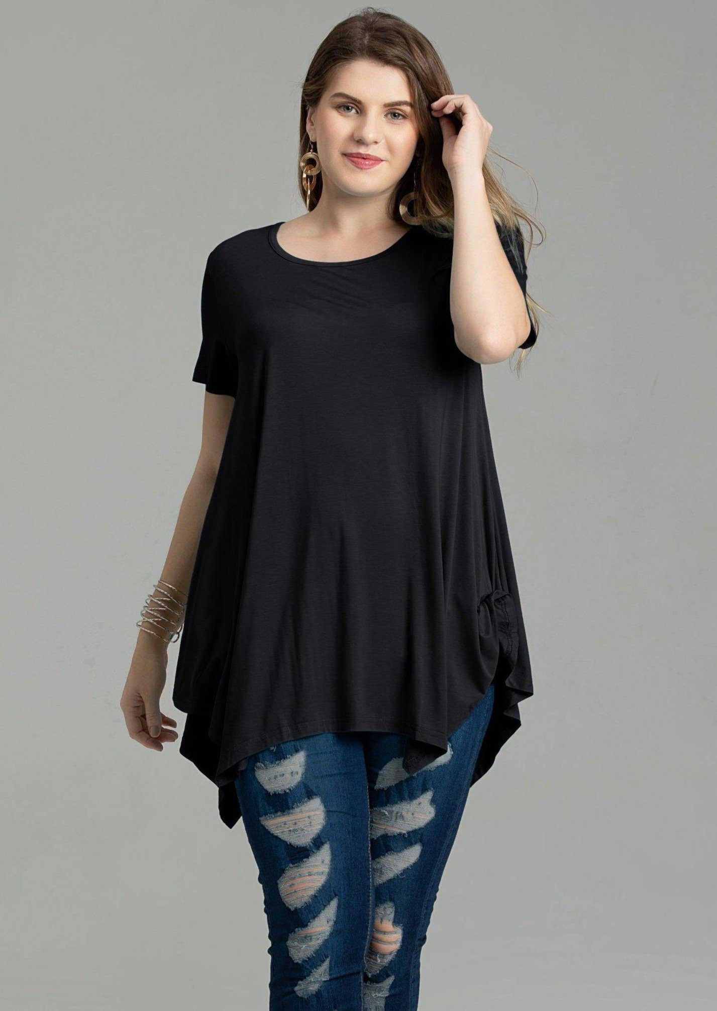 LARACE Short Sleeve Flattering Comfy Blouse Shirt Tops-8026 - black / 1X